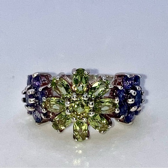 STERLING Amethyst Peridot Cocktail Silver Ring Huge 3 Flower Sz 5 Vintage - Picture 2 of 11